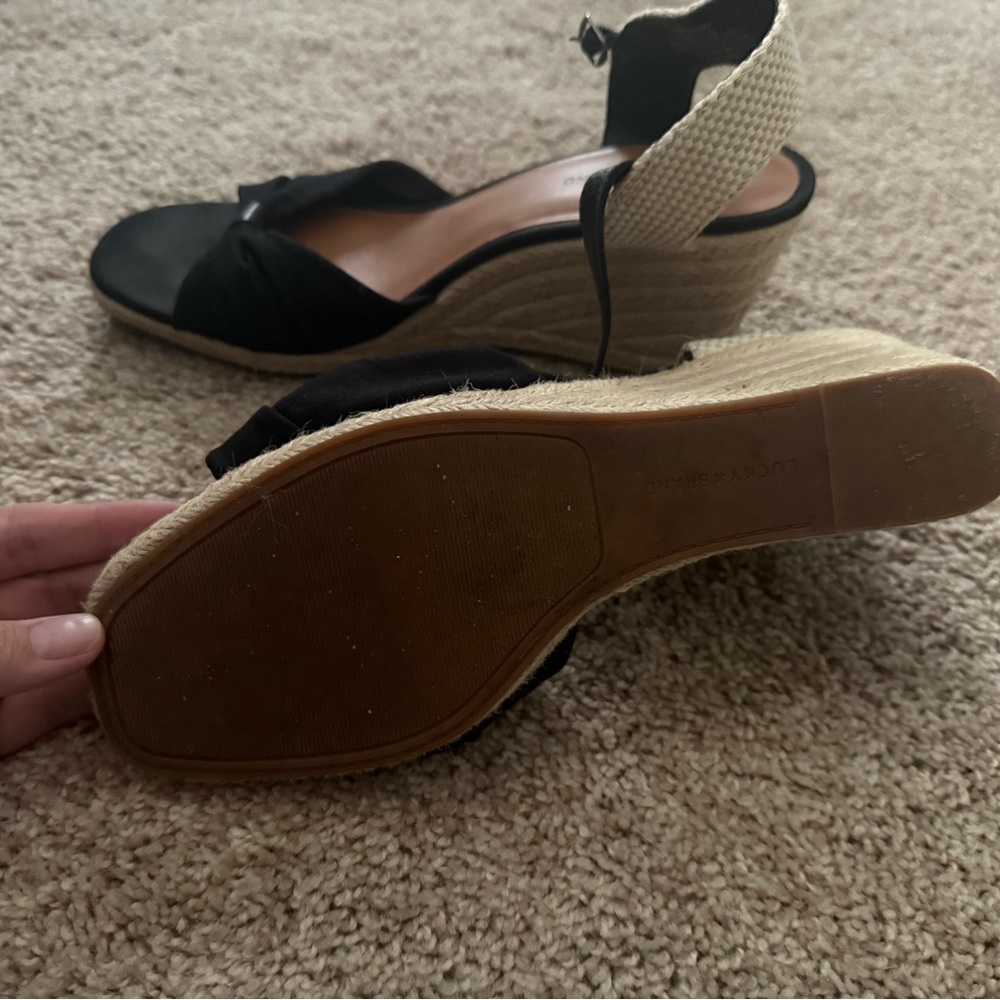 Lucky Brand Black and Tan Wedge Sandals